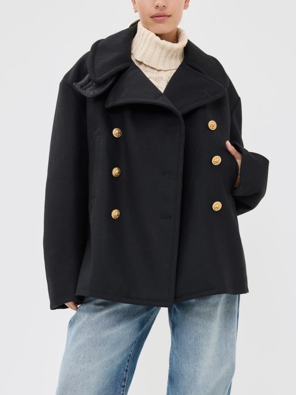 DENIMIST Oversized Peacoat Black Wool Blend Gold Buttons NWT Size S